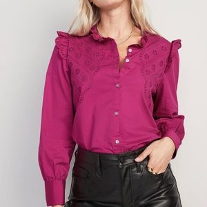 Old Navy Women’s Pink Long Sleeve Ruffle-Trimmed Embroidered Button-Down Shirt